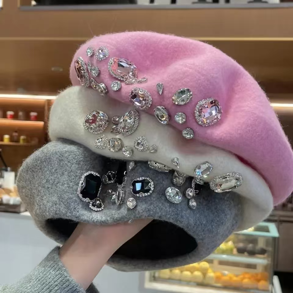 Beret French Wool - French Beret Thick Rhinestone Decor Brimless